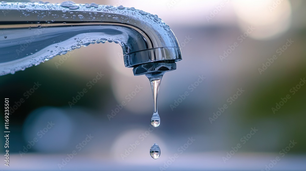 Poster a close-up view of water dripping from a pipe joint in an apartment, highlighting the issue of leaka