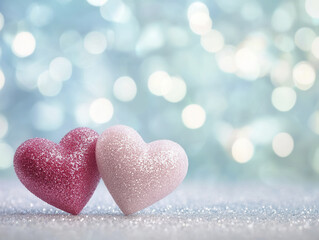 Fototapeta premium Two sparkling hearts on glittery surface with bokeh background