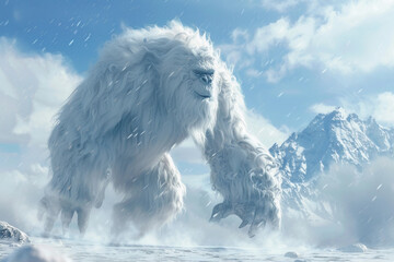 Huge fantasy hairy yeti character in beautiful outdoor nature color, abstract vivid composition consists of fictional unreal fantastic vision on background