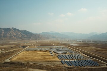 Vast solar farm, wind turbines, mountainous landscape.