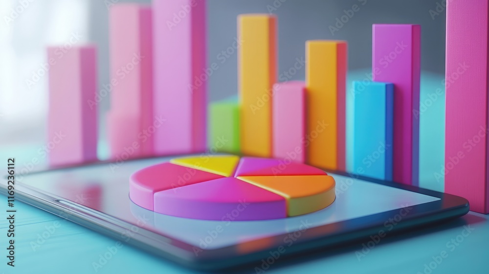 Poster A colorful pie chart and bar graph displayed on a tablet, tracking progress toward financial goals, symbolizing success and planning.
