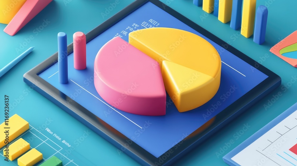 Aufkleber a colorful pie chart and bar graph displayed on a tablet, tracking progress toward financial goals, 