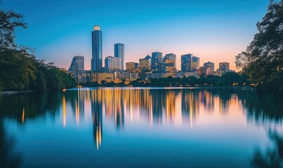 Austin skyline reflection at dusk, vibrant city lights illuminating water surface, modern architecture, serene atmosphere