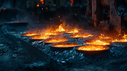 Aus runden &Ouml;ffnungen spritzt r&ouml;tlich gl&uuml;hende Fl&uuml;ssigkeit wie fl&uuml;ssiger Stahl, Querformat