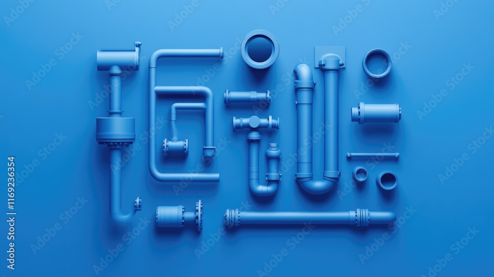 Poster a composition of pipes arranged on a blue background, showcasing their industrial design and functio