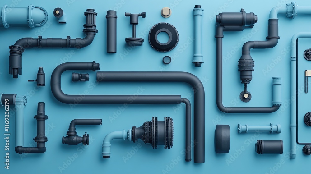 Poster a composition of pipes arranged on a blue background, showcasing their industrial design and functio