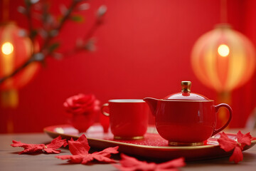 Fototapeta premium Chinese New Year featuring a beautiful bright red tea set with gold accents placed on a festive table with traditional decorations