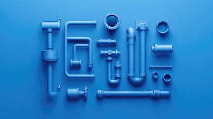 A composition of pipes arranged on a blue background, showcasing their industrial design and functionality in a clean, professional layout.