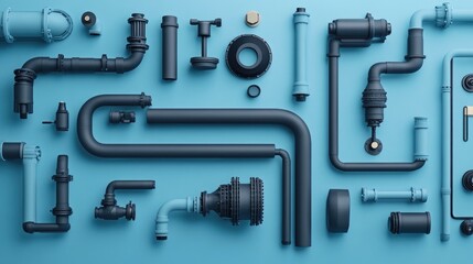 A composition of pipes arranged on a blue background, showcasing their industrial design and functionality in a clean, professional layout.