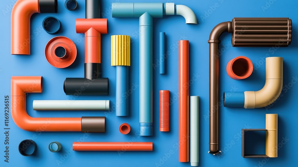 Poster a composition of pipes arranged on a blue background, showcasing their industrial design and functio