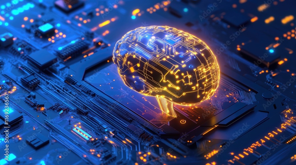 Poster A computer processor connected to an AI chatbot system, illuminated with glowing digital data streams and futuristic technology.