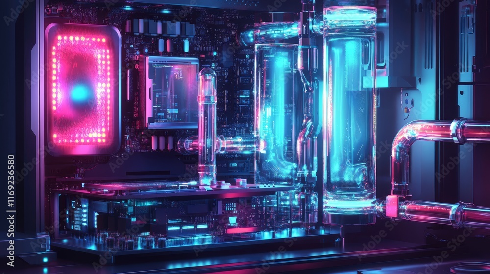Poster A computer processor connected to an AI chatbot system, illuminated with glowing digital data streams and futuristic technology.