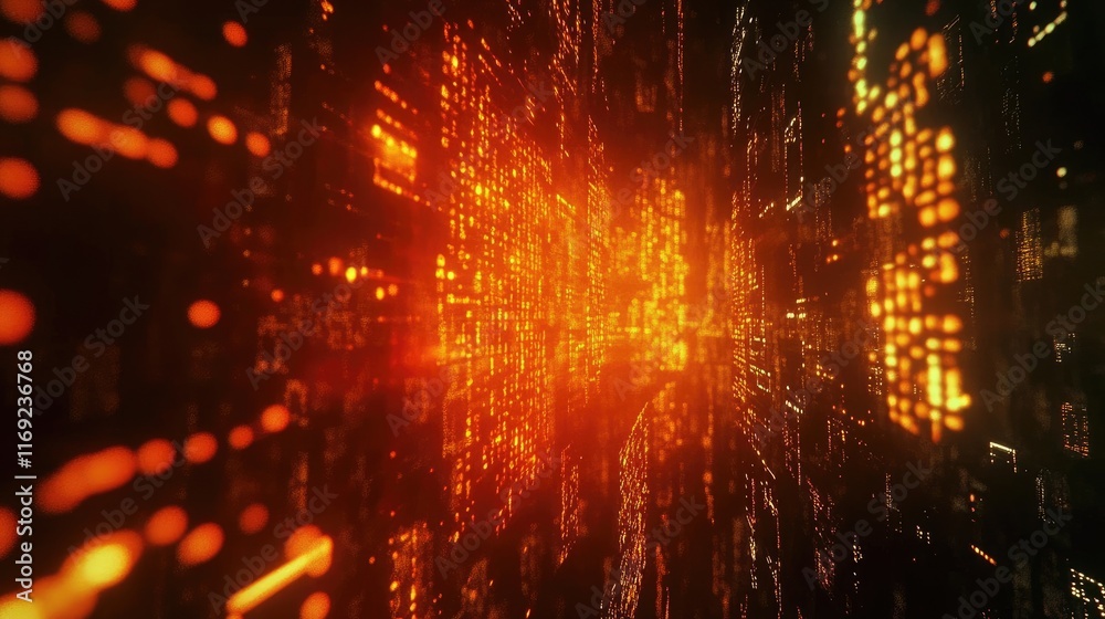 Leinwandbilder A computer screen displaying complex digital data with glowing orange and red code, surrounded by a bokeh effect, creating a futuristic atmosphere.