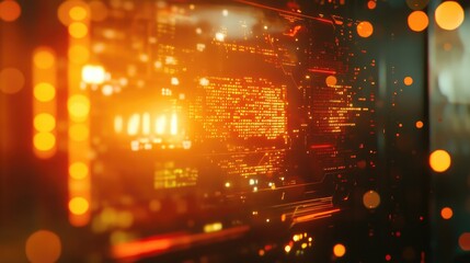 A computer screen displaying complex digital data with glowing orange and red code, surrounded by a bokeh effect, creating a futuristic atmosphere.