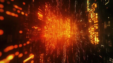 A computer screen displaying complex digital data with glowing orange and red code, surrounded by a bokeh effect, creating a futuristic atmosphere.
