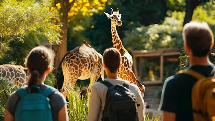 A group of people with backpacks admire two giraffes in a lush zoo environment. The scene captures a sunny day and highlights the connection between humans and wildlife.