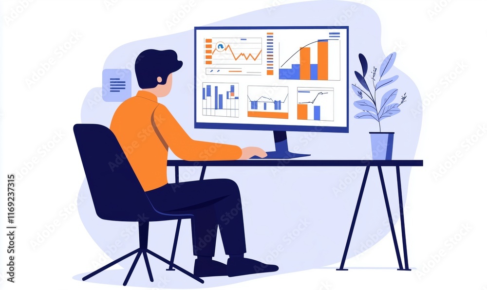 Poster data analysis and visualization on computer screen with graphs and charts, person working at desk, m