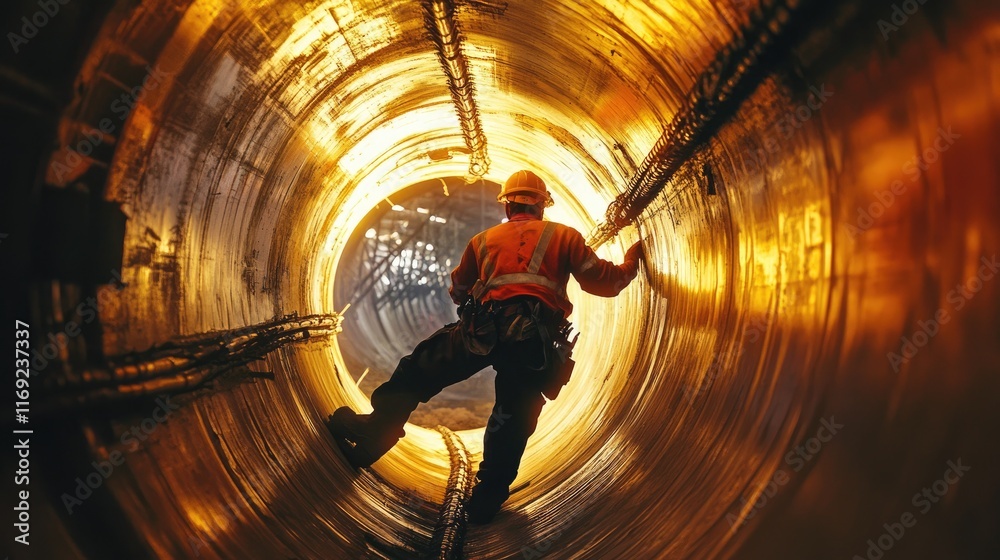 Poster A construction worker inside a steel pipeline, working on the intricate tasks of pipeline assembly in an industrial setting.