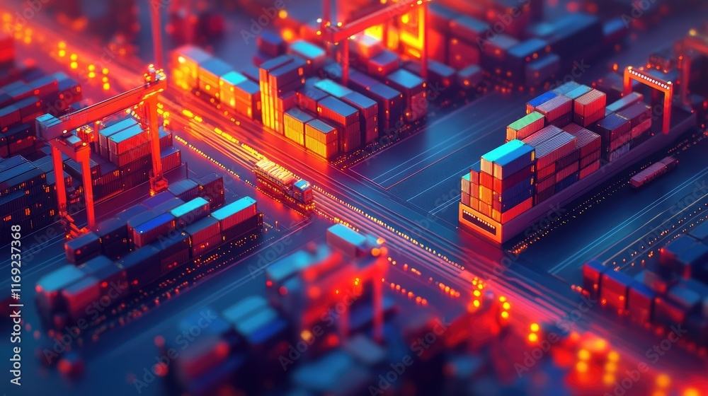 Poster a container cargo ship and trucks on a transportation network, representing the growth of global log