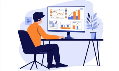 Data analysis and visualization on computer screen with graphs and charts, person working at desk, modern office environment