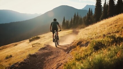 Fototapeta premium mountain biking, scenic trail, sunset, rolling hills, pine forest, misty mountains, golden hour, outdoor adventure, single track path, backlit cyclist, vibrant landscape, serene nature, dramatic sky, 