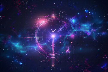 Astrological abstract composition with zodiac circle in signs and symbols, abstract vivid composition consists of fictional unreal fantastic vision on background