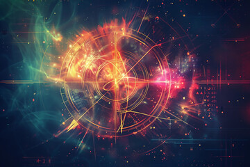 Fototapeta premium Astrological abstract composition with zodiac circle in signs and symbols, abstract vivid composition consists of fictional unreal fantastic vision on background