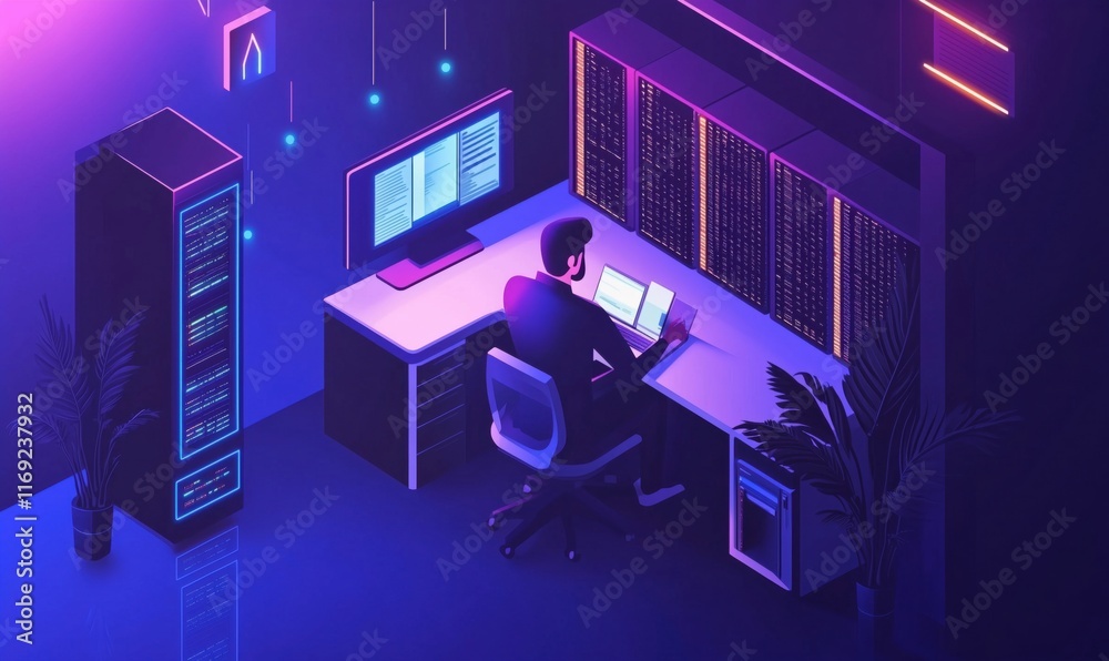 Poster data analysis workstation with server racks, computer monitor, and programmer working in a futuristi