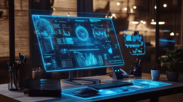 A cutting-edge futuristic workspace with holographic tools, illustrating the next generation of seamless hybrid learning experiences.