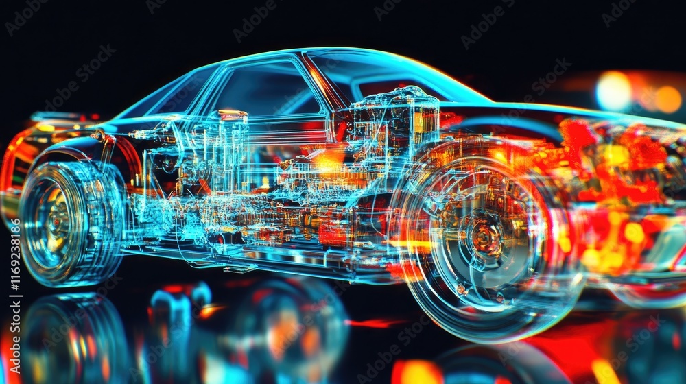 Poster A detailed holographic visualization of a vehicle braking system, offering an in-depth view of its complex internal structure and technology.v
