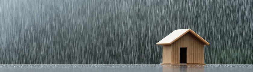 A small wooden house stands alone in heavy rain, surrounded by a serene, green landscape, evoking feelings of solitude and tranquility.