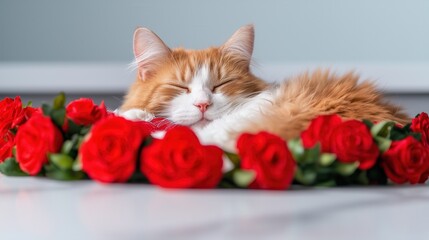 Valentine&rsquo;s Emotions & Feelings for People and Pets. Sleeping cat surrounded by red roses in a cozy setting.