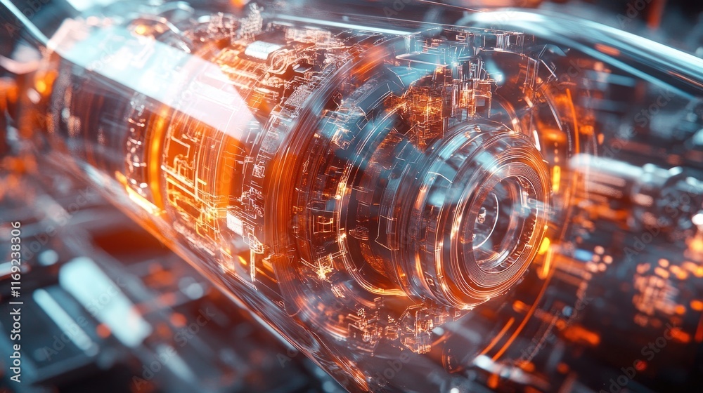 Poster A detailed holographic visualization of a vehicle braking system, offering an in-depth view of its complex internal structure and technology.v