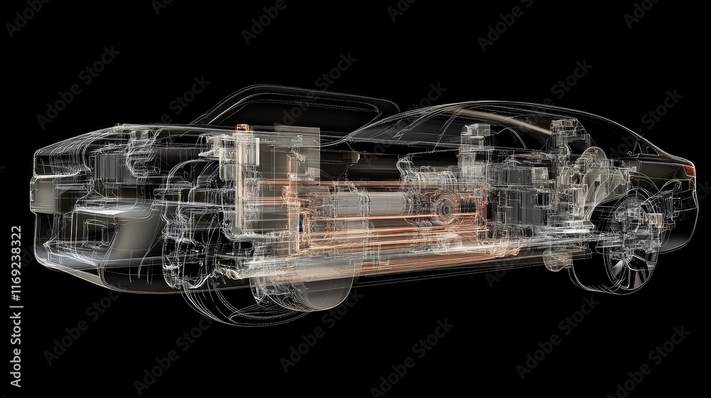 Poster A detailed holographic visualization of a vehicle braking system, offering an in-depth view of its complex internal structure and technology.v