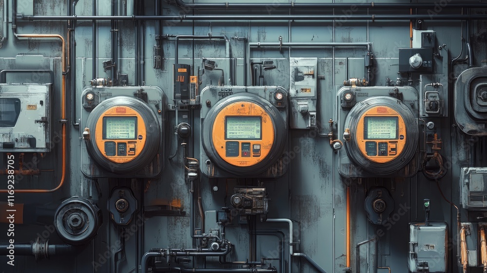 Poster A detailed image of a gas meter array, featuring several meters for monitoring gas flow in an industrial or residential building setup.