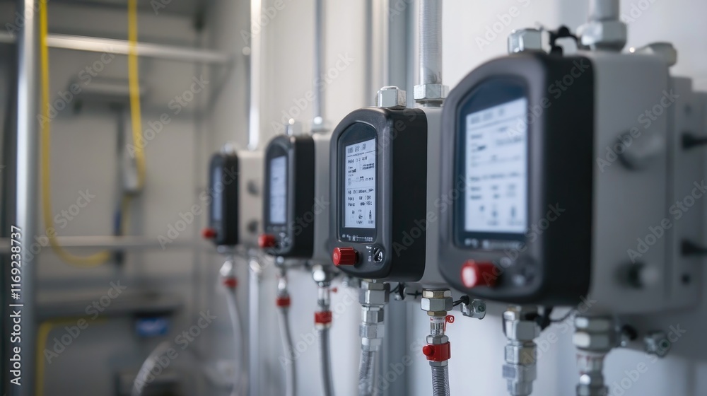 Poster A detailed image of a gas meter array, featuring several meters for monitoring gas flow in an industrial or residential building setup.