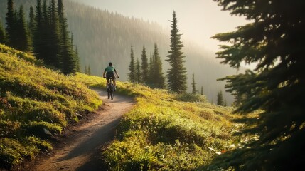 Fototapeta premium mountain biking, scenic trail, sunset, rolling hills, pine forest, misty mountains, golden hour, outdoor adventure, single track path, backlit cyclist, vibrant landscape, serene nature, dramatic sky, 