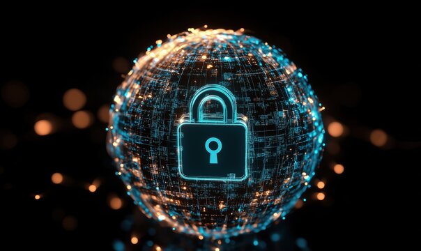Digital security globe with glowing padlock symbolizing cybersecurity and data protection in a connected world
