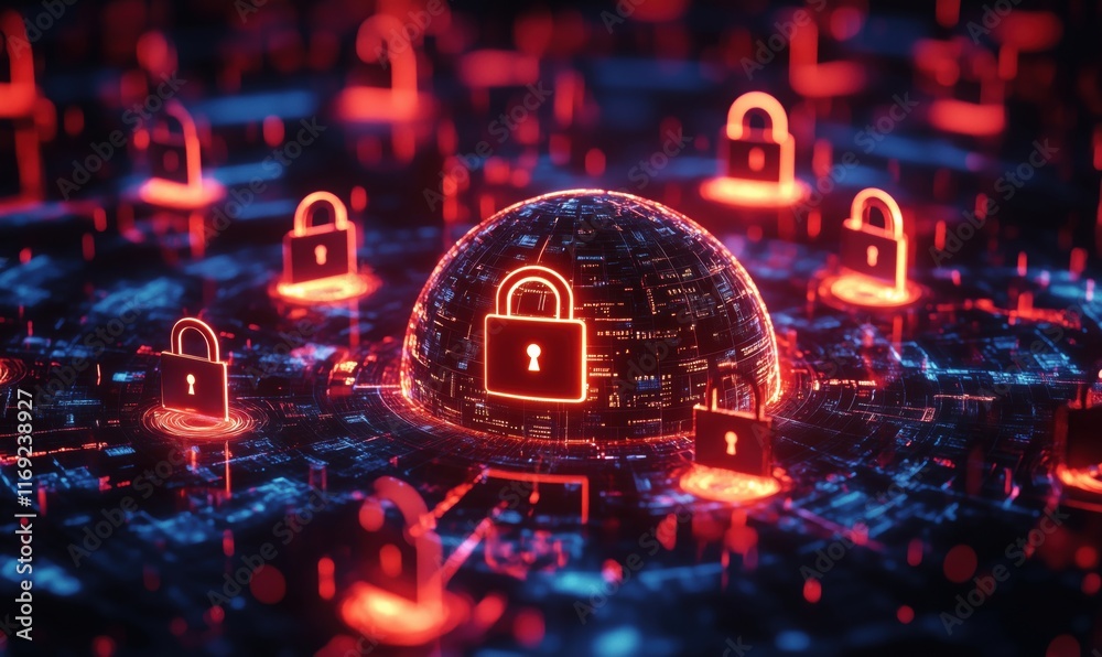 Poster cybersecurity network with digital locks and secure data dome visualization