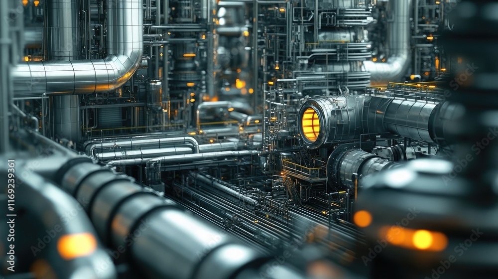 Poster a detailed shot of a pipeline compressor station, with gas pipelines and equipment designed for liqu