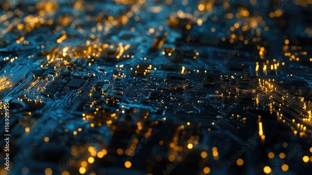 Aufkleber A detailed view of a microchip on a circuit board, glowing with blue and gold light, showcasing the complexity of modern electronic systems.