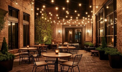 Fototapeta premium Charming outdoor patio with string lights, cozy seating, and warm ambiance for gatherings and dining