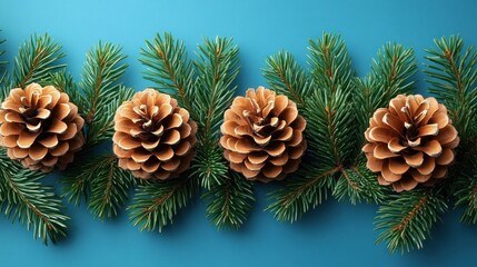 Festive pine cones and branches on blue.