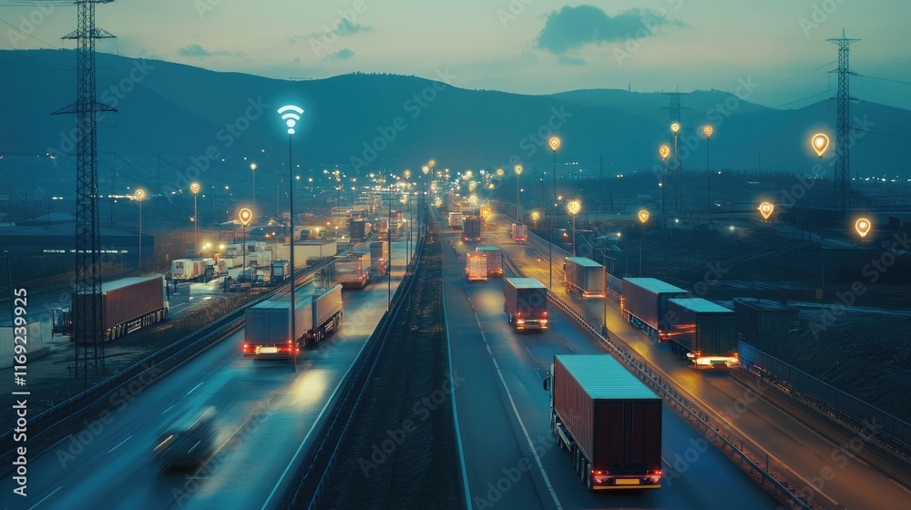 Aufkleber a digital interface showing a logistics network with trucks and gps markers, focusing on fleet manag