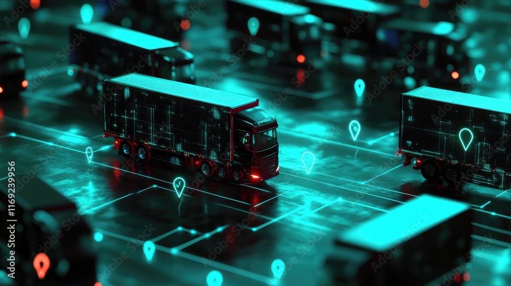Poster a digital network of transportation systems with trucks and gps pins, representing the advanced tech