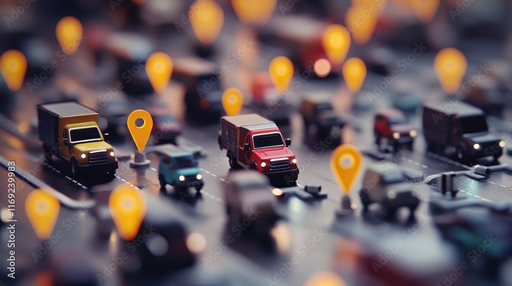 Poster a digital network of transportation systems with trucks and gps pins, representing the advanced tech