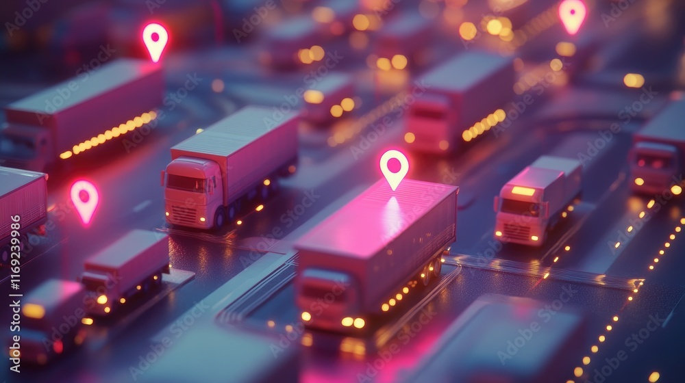 Poster a digital network of transportation systems with trucks and gps pins, representing the advanced tech