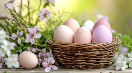 Easter Eggs in a Wicker Basket with Flowers