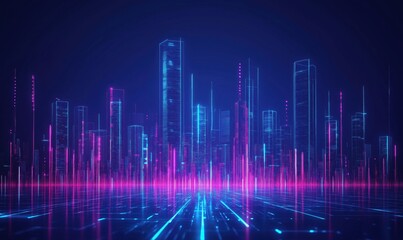 Fototapeta premium Futuristic city skyline with neon lights and digital elements, showcasing vibrant pink and blue colors, representing advanced technology and urban development
