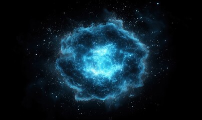 Cosmic explosion of blue energy radiating in space, surrounded by glowing particles and nebula-like formations